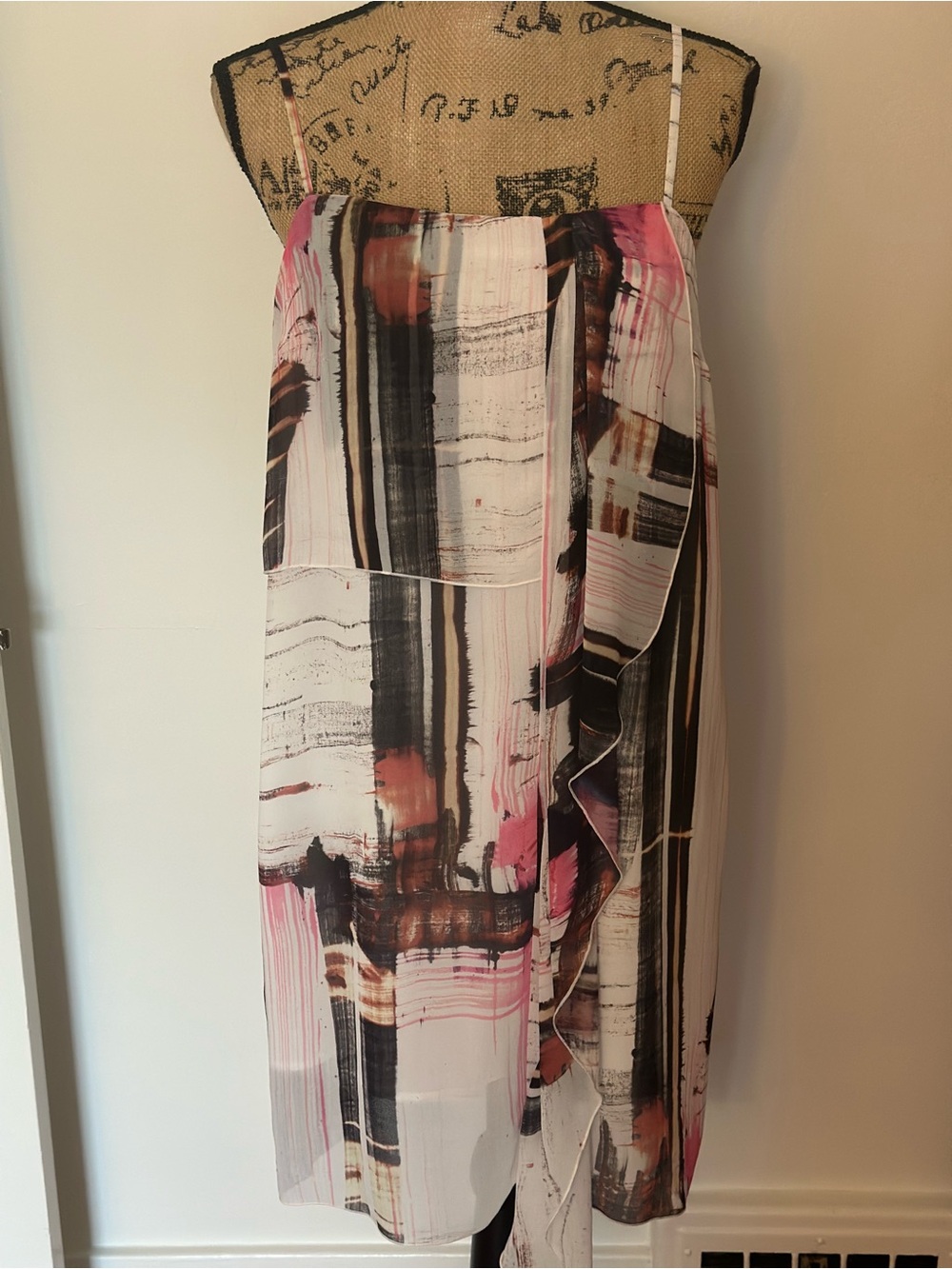 French Connection White Dress with Pink & Charcoal Abstract Stripes
